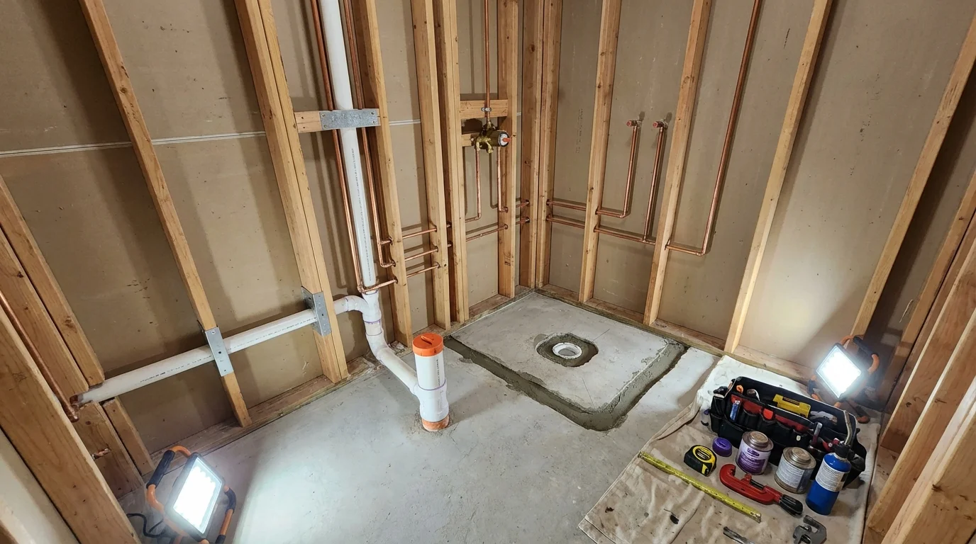 Bathroom rough-in plumbing during remodel by Johns Plumbing LLC in Prophetstown