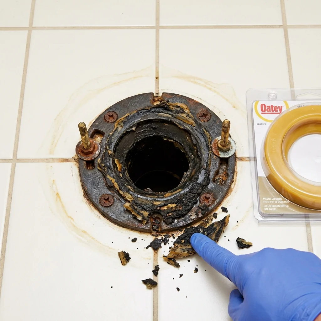 Failed wax ring showing water seepage at the base of a toilet in a Prophetstown, IL home
